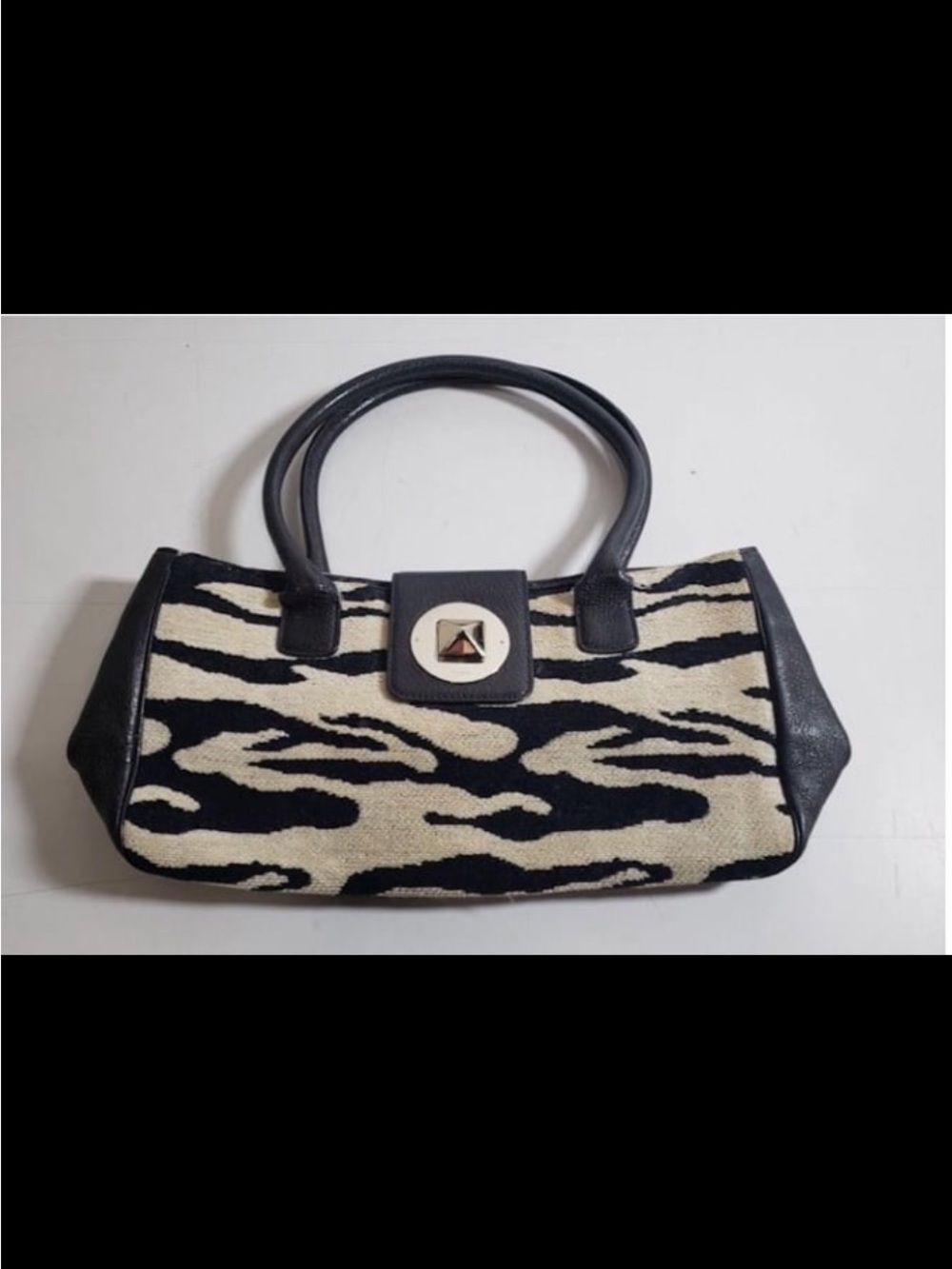 Black & Cream Zebra-Print Handbag with Top Handles